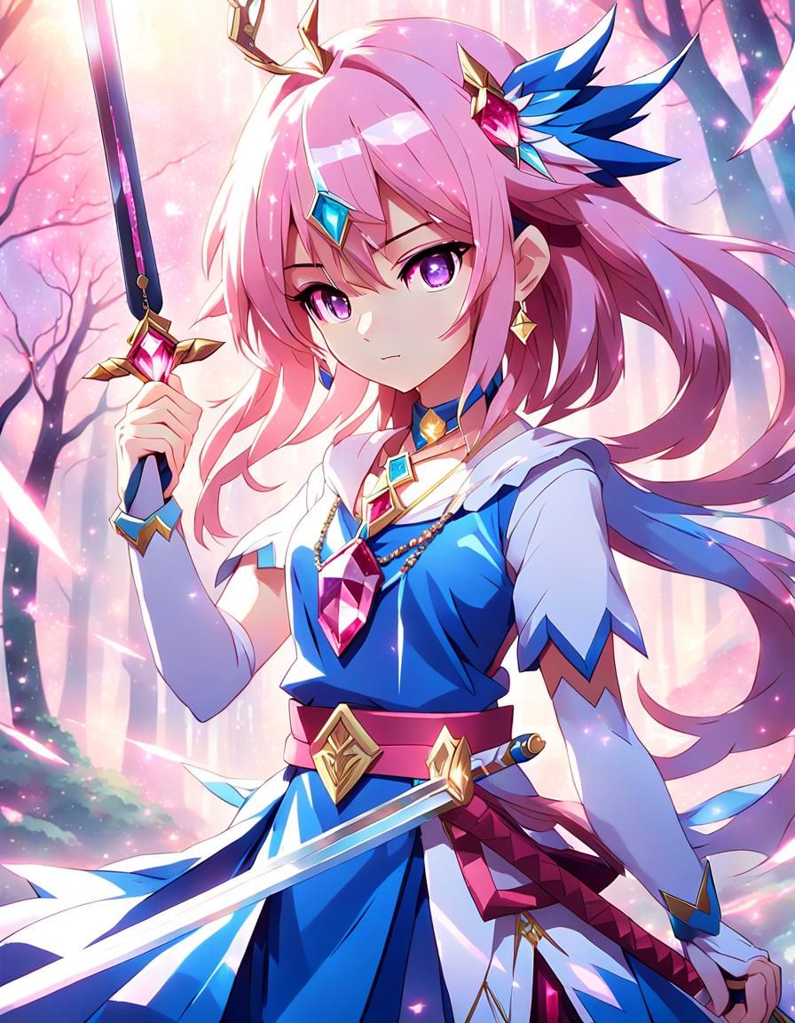 Anime Girl with Sword in Kawaii Style