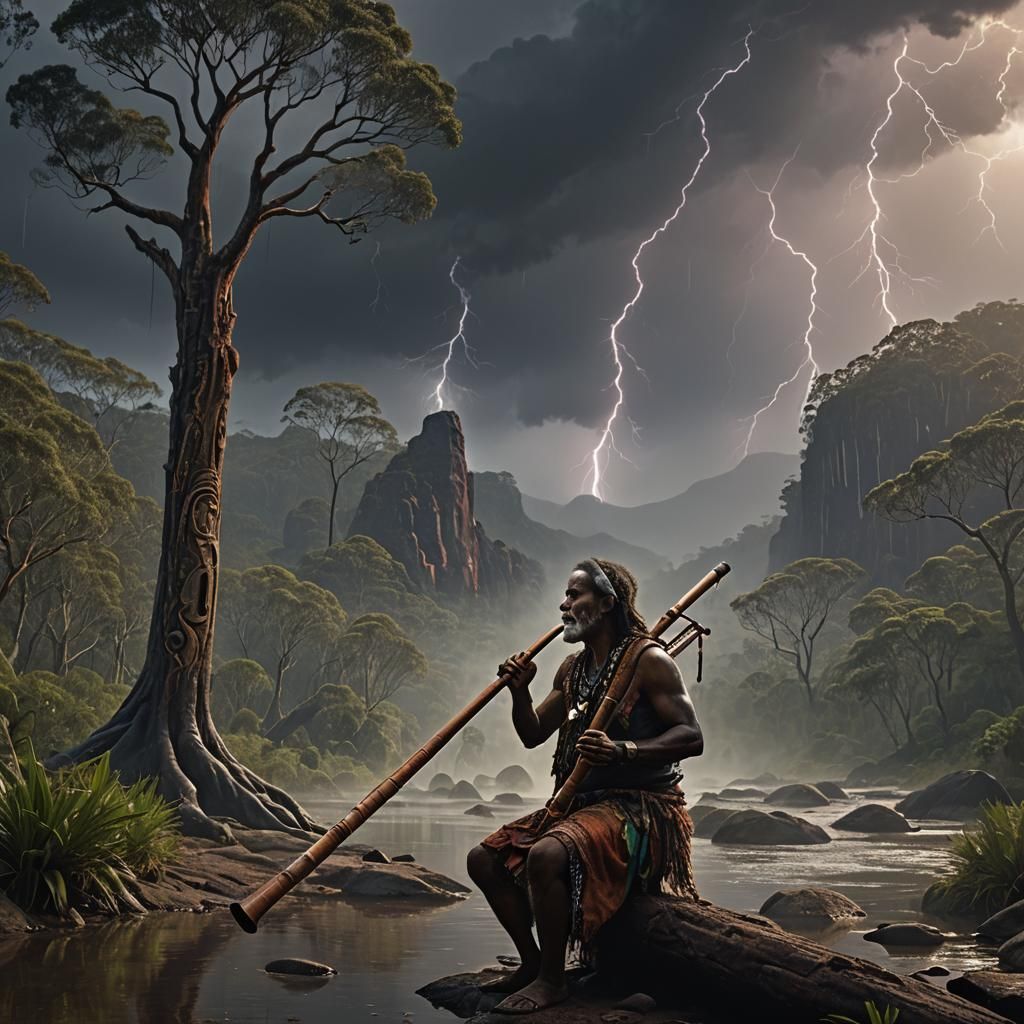 Aboriginal Musician in Stormy Wilderness: Digital Matte Pain...