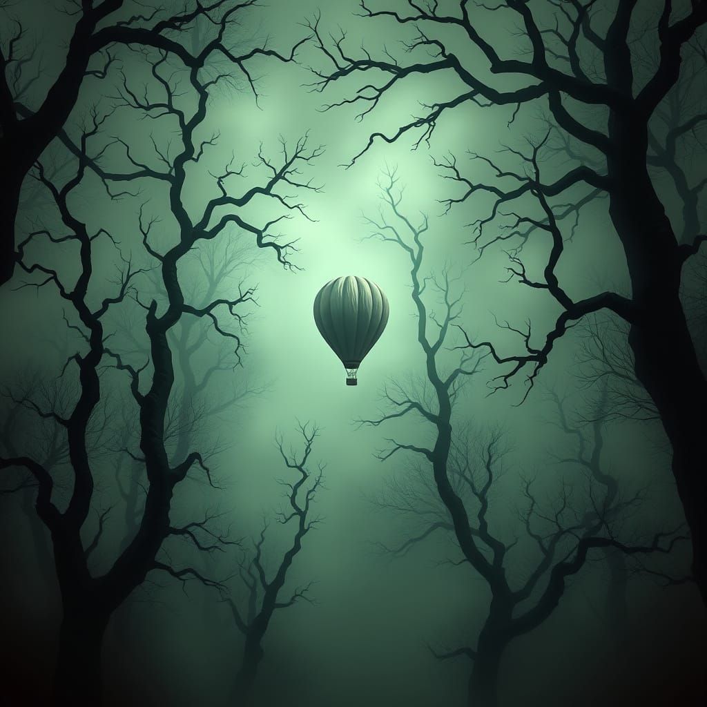 Lone Balloon in Eerie Foggy Forest