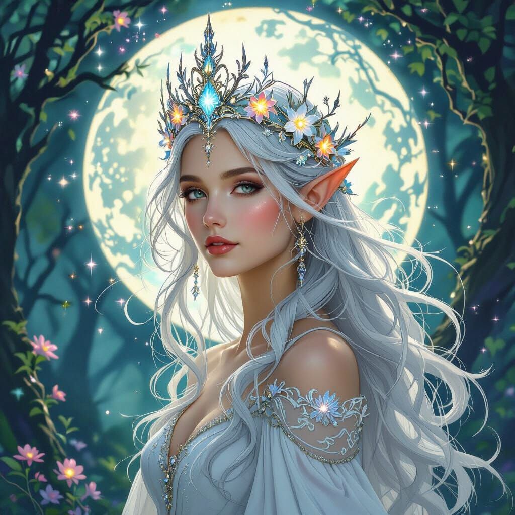 Regal Elven Queen in Moonlight Forest, Art Nouveau Style