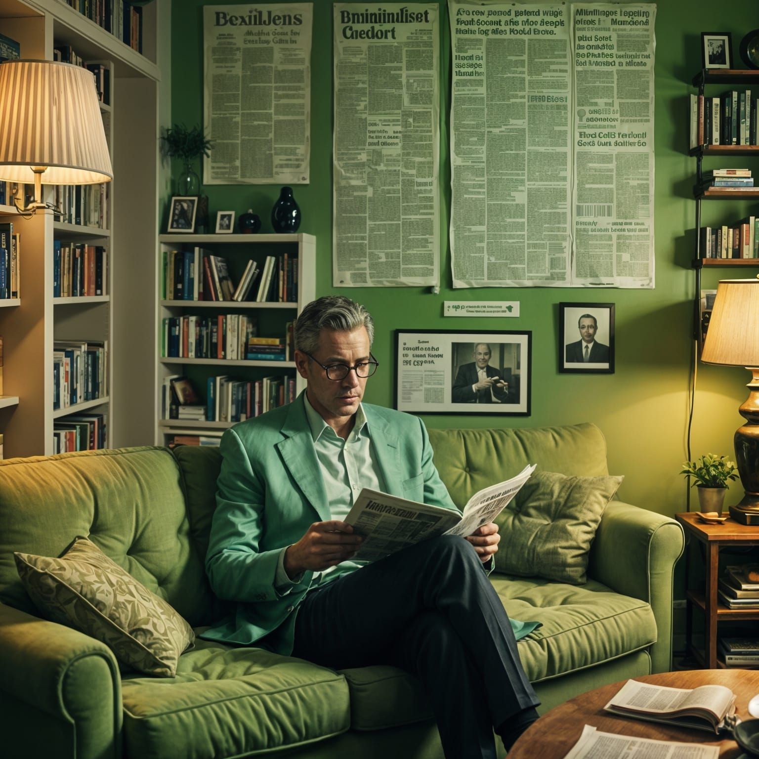 Man Reads Blank Newspaper in Glowing Room