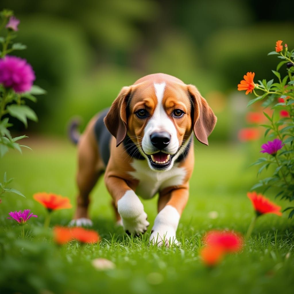 Basset Hound Joyfully Plays in Vibrant Flower Garden