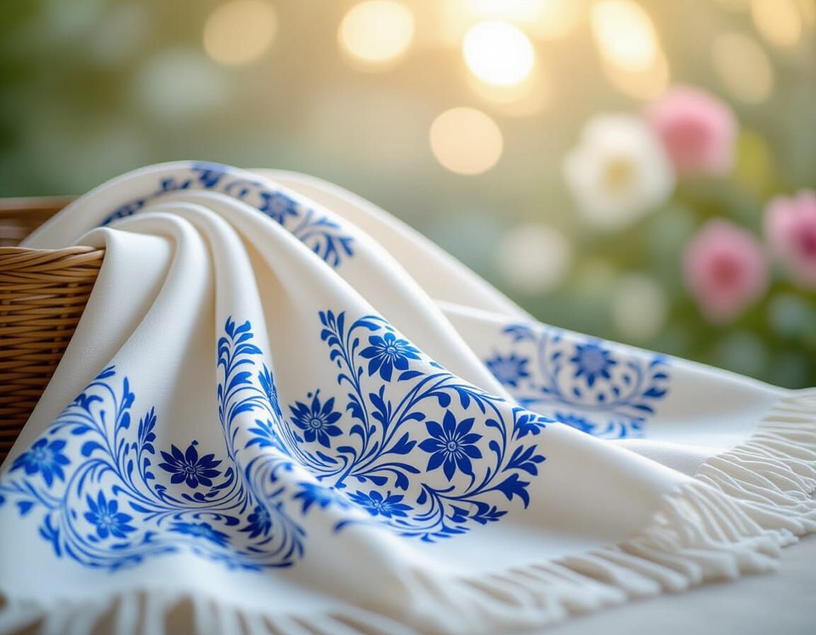 White Shawl with Blue Khokhloma Patterns in Splash Art Style