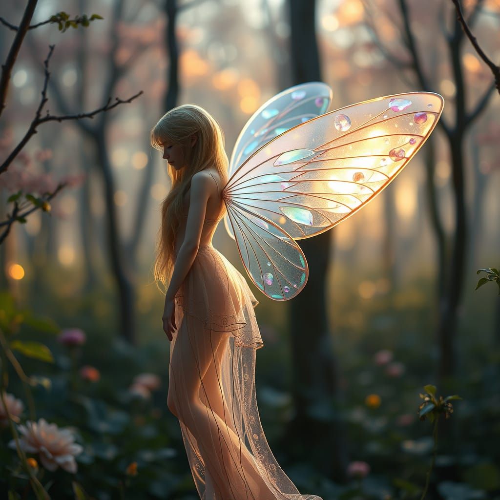 Ethereal Woman with Glass Wings in Dreamy Forest