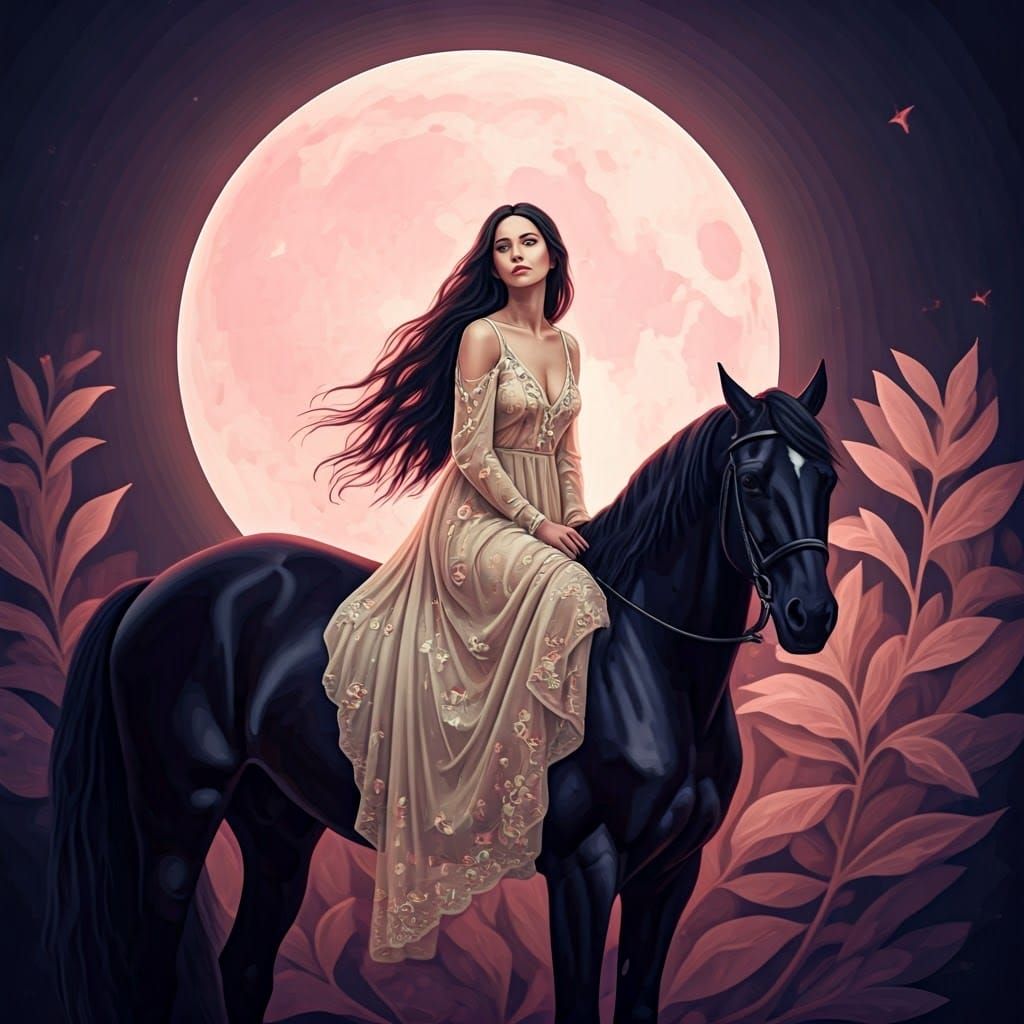 Romantic Digital Painting of Woman on Horse Under Glowing Pi...