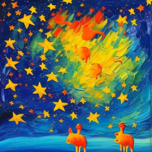 Flying Pigs in Starry Sky: Neo-Impressionist Oil Painting