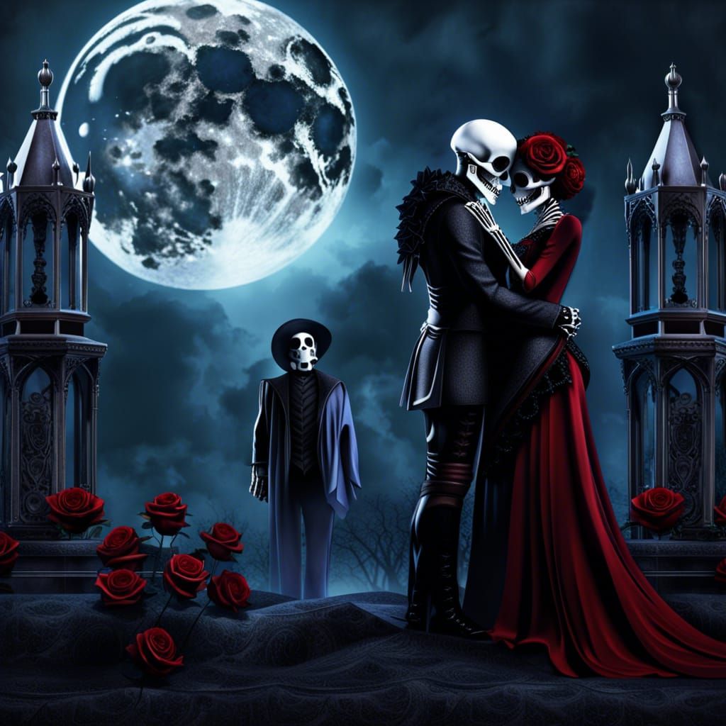 Skeleton Couple's Gothic Wedding Under Moonlight