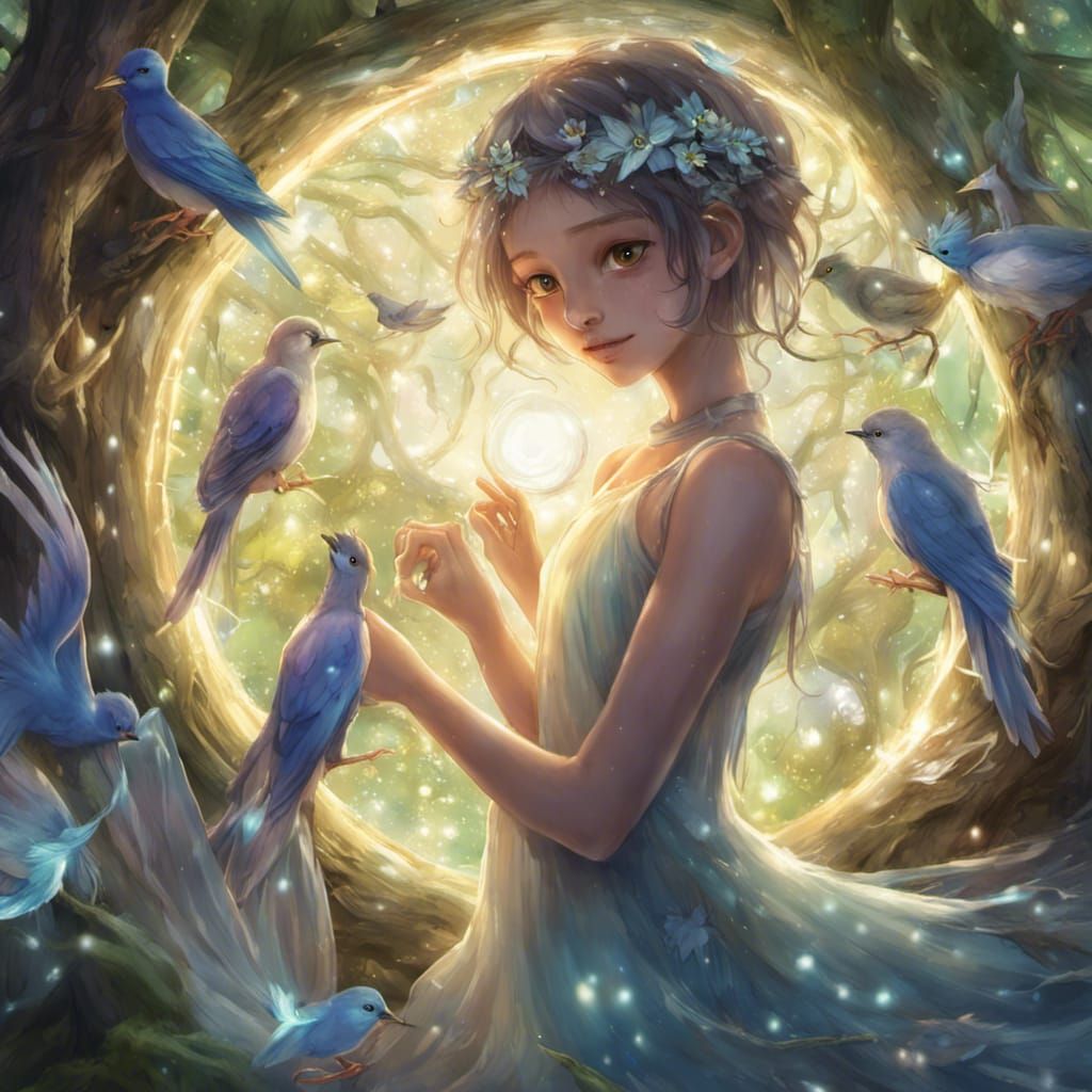 Fairies and Birds Dancing in Mystical Forest