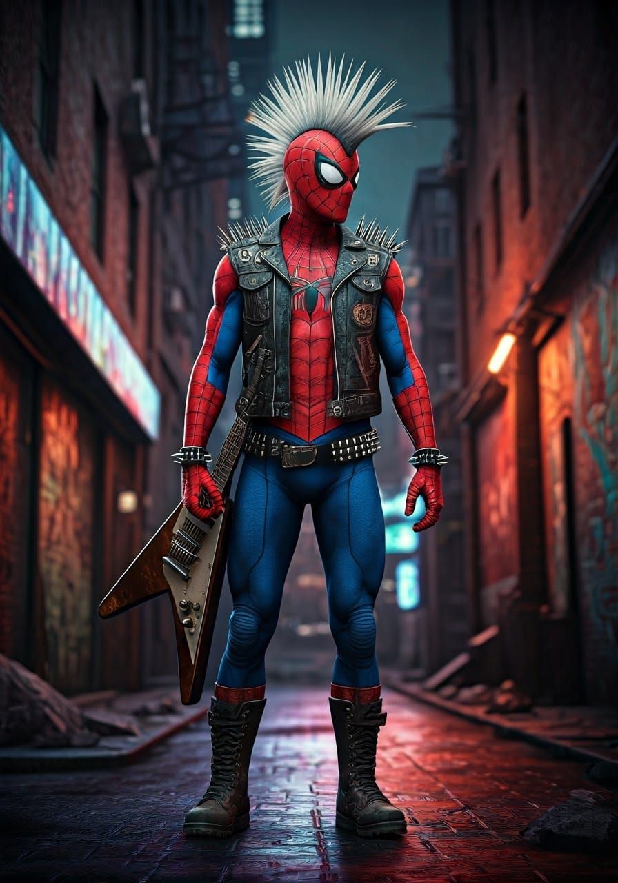 Spider-Punk in Urban Decay with Electric Guitar
