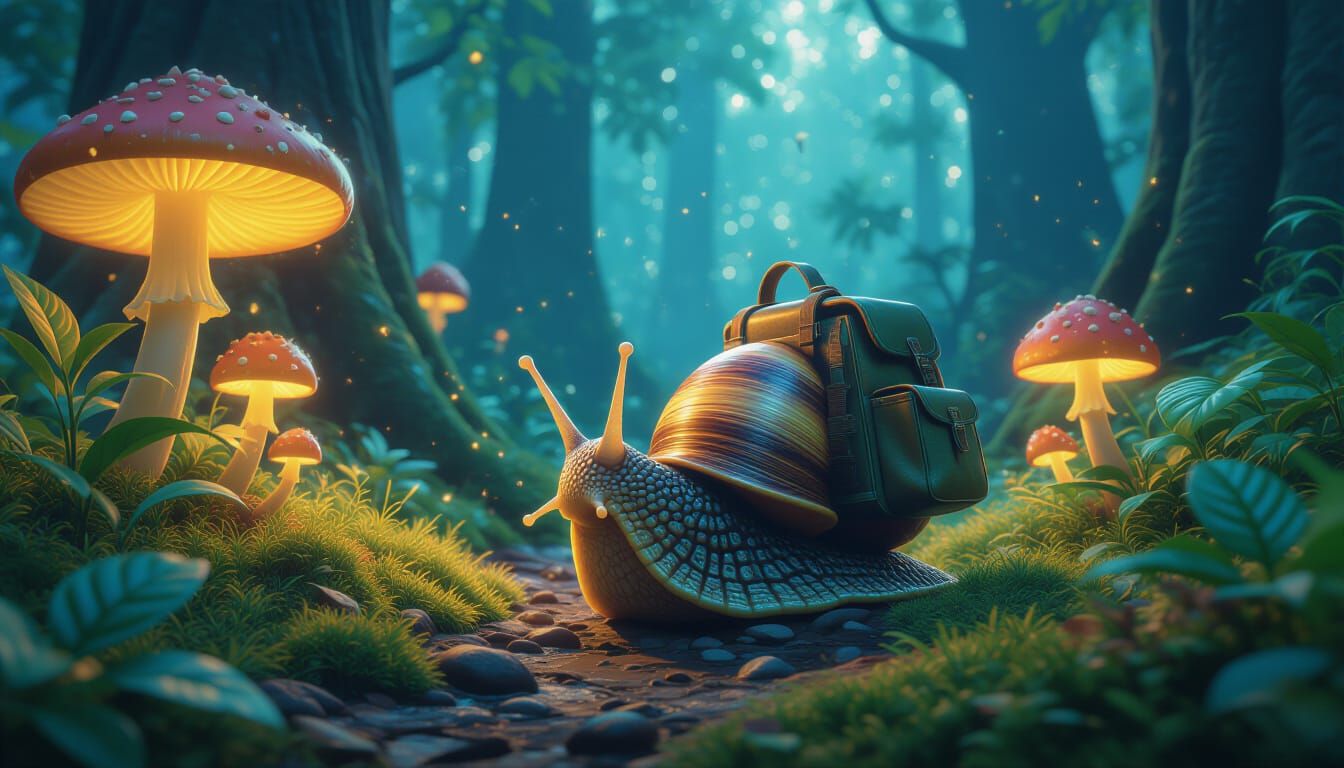 Snail's Forest Adventure in Detailed Matte Painting Style