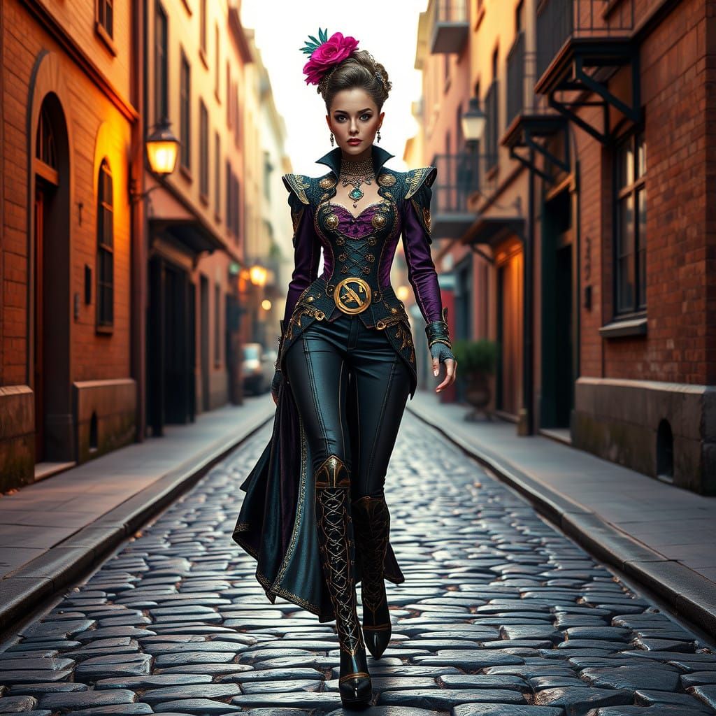 Steampunk Siren Strides Down Cobblestone Street