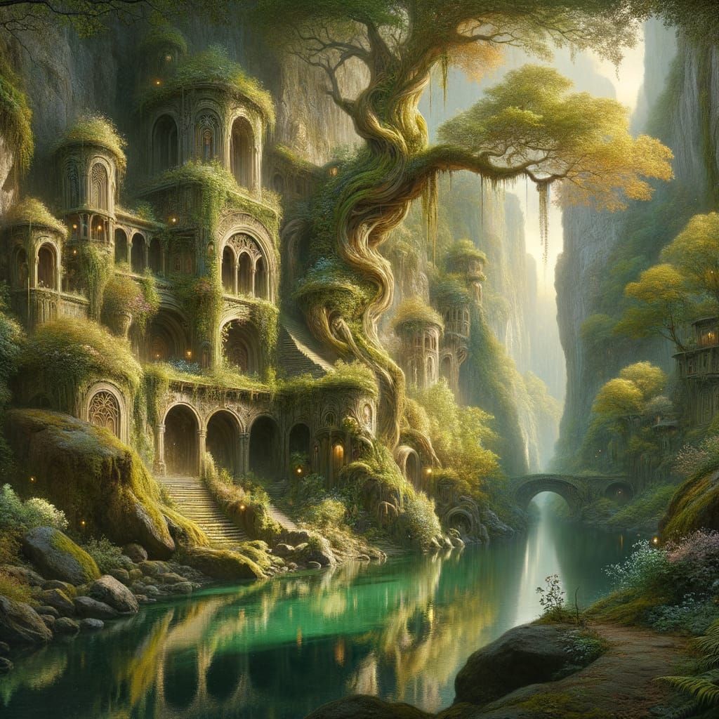 Elven Valley Settlement Digital Painting Overlooking River