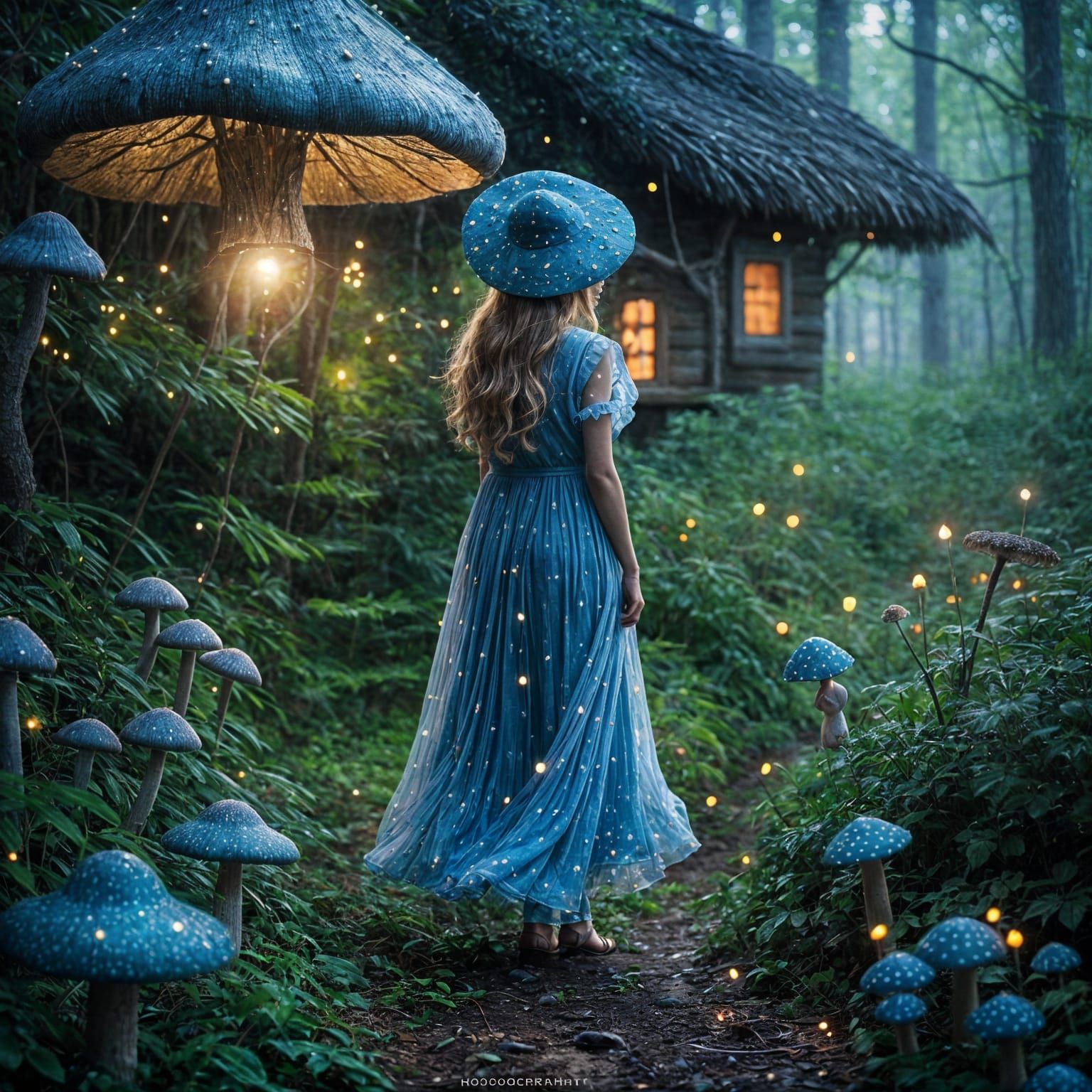 Girl in Mushroom Hat in Glowing Forest