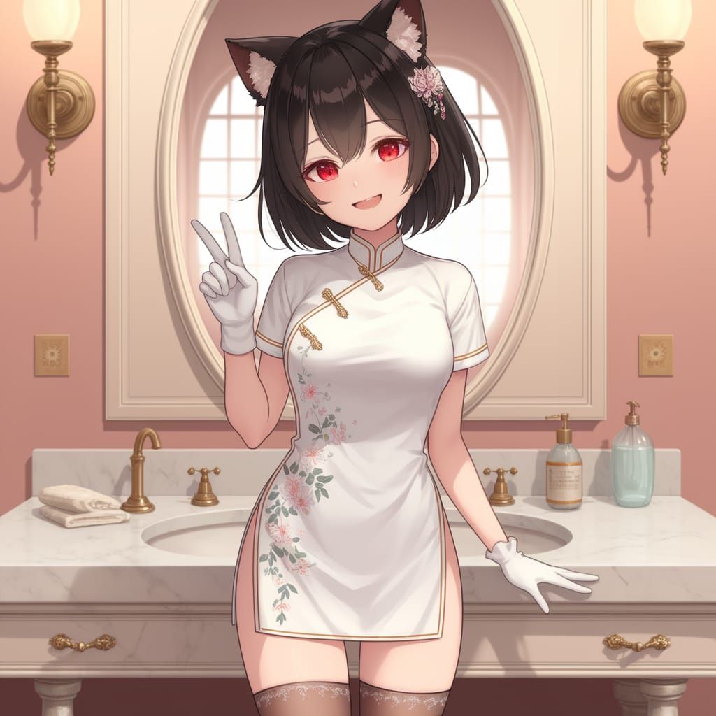 Anime Girl in Pastel Bathroom, Exuding Joy and Charm