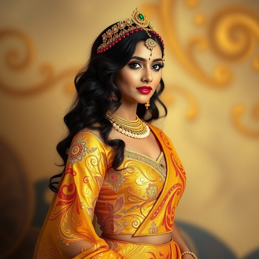 Elegant Woman in Golden Lehenga with Traditional Indian Folk...