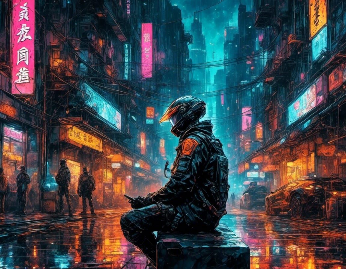 Punk in Cyberpunk Alleyway Smoking Cigarette