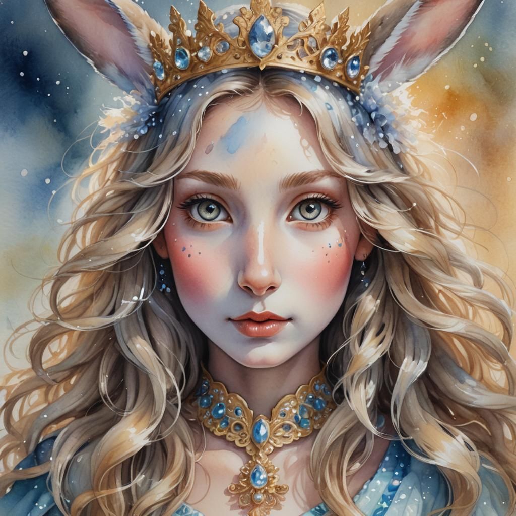 Fairytale Rabbit Princess Portrait in Watercolor Style