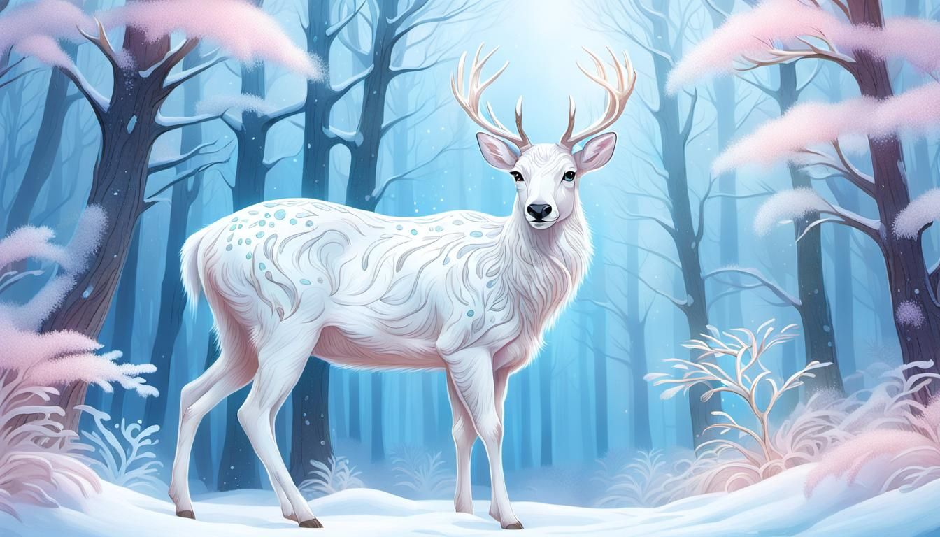 Enchanting White Deer in Winter Forest Illustration