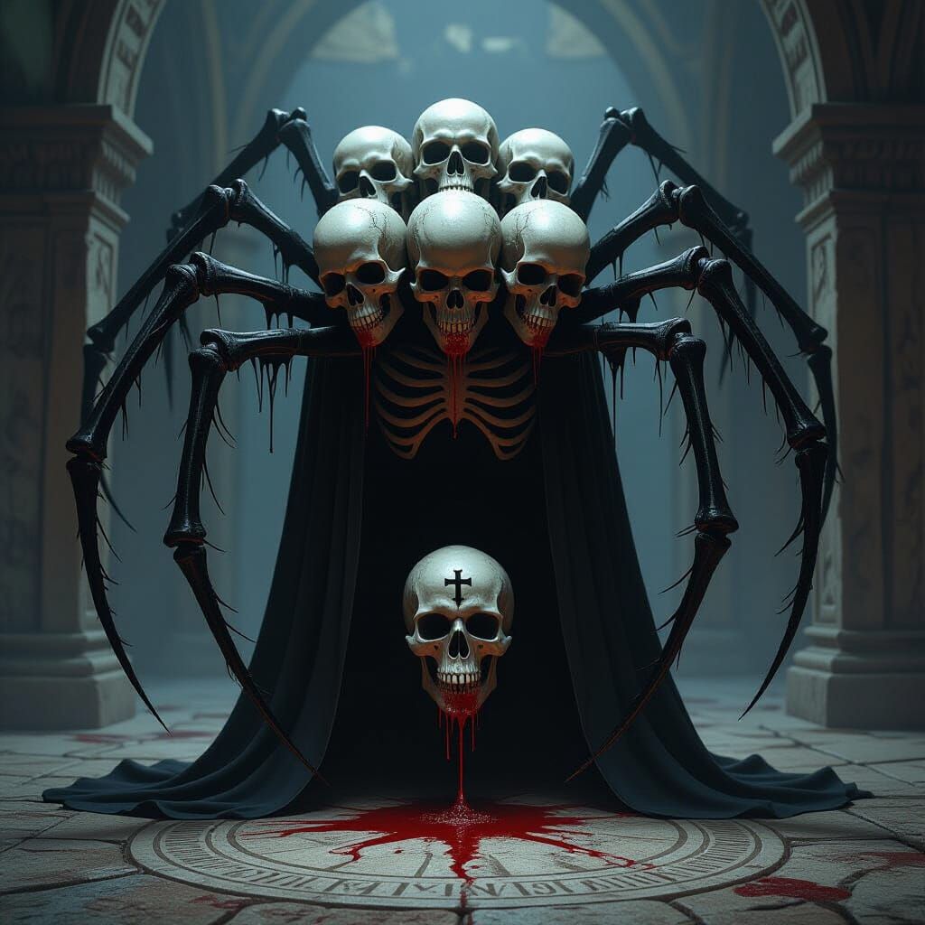 Grotesque Skull-Headed Spider Creature in Gothic Fantasy