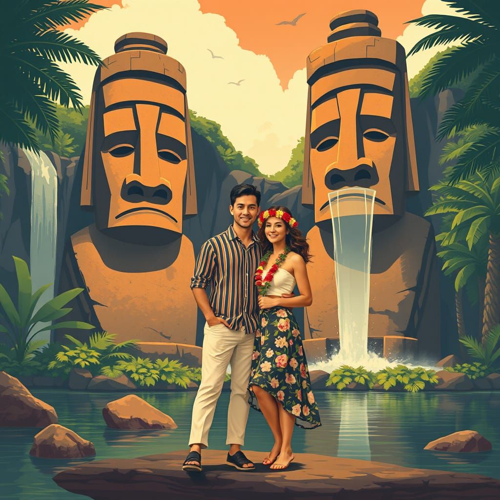 Tropical Moai Paradise in Art Deco Style