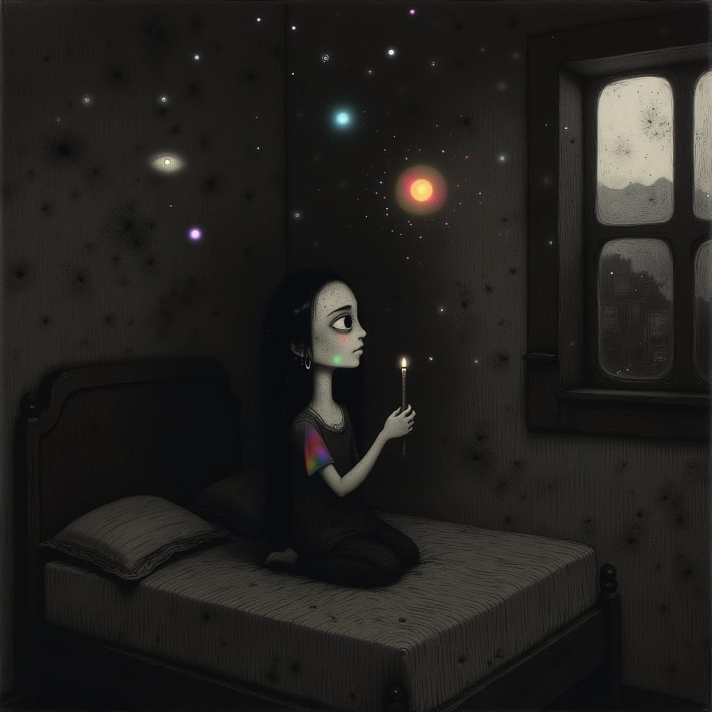 Melancholic Woman Surrounded by Ghosts in Eerie Bedroom