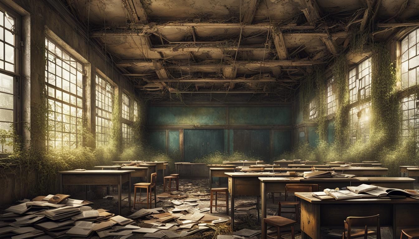 Post-Apocalyptic School Interior in Hyperrealistic Style