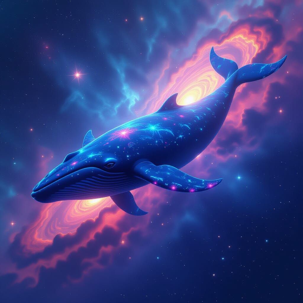 Bioluminescent Whale Navigates a Colorful Nebula