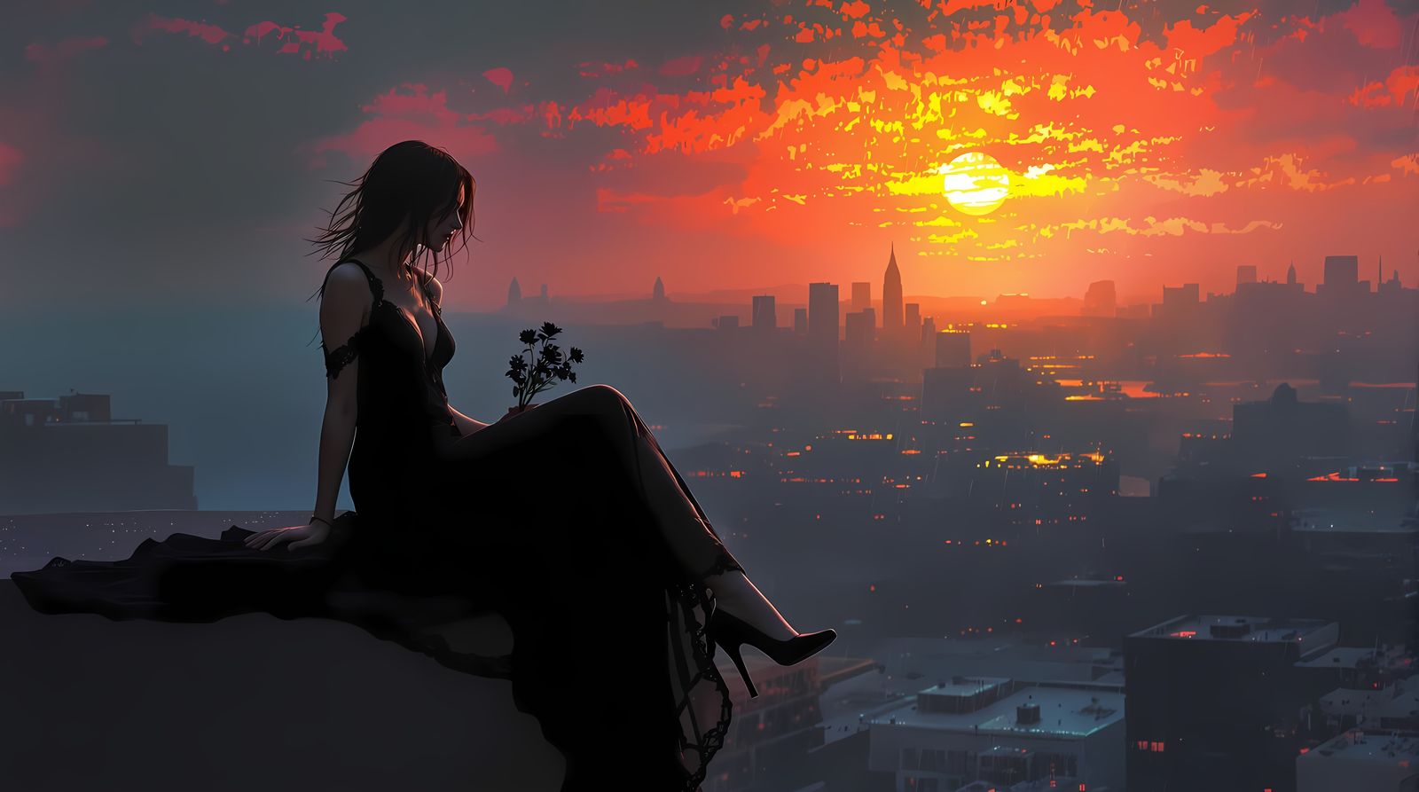 Woman in Black Dress in Rainy Cityscape Painting