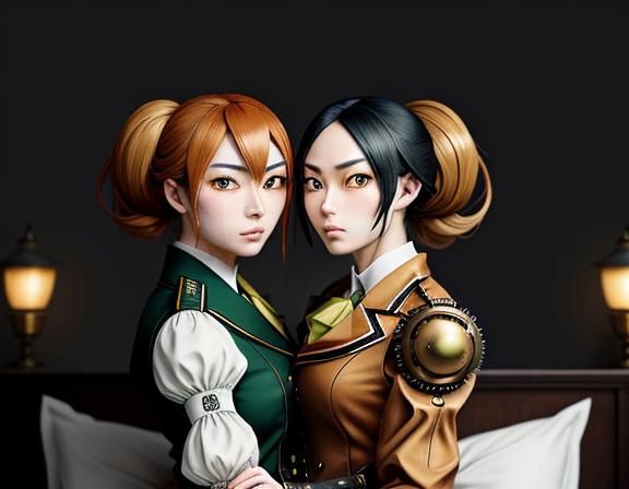 Steampunk Anime: Twin Kemono Sisters Kissing