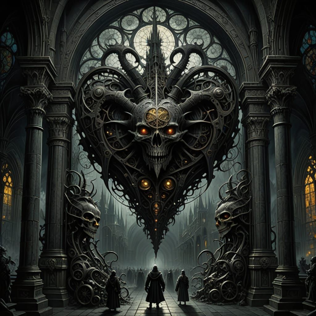 Clockwork Heart in Gothic Cathedral, Biblical Horror Scenes