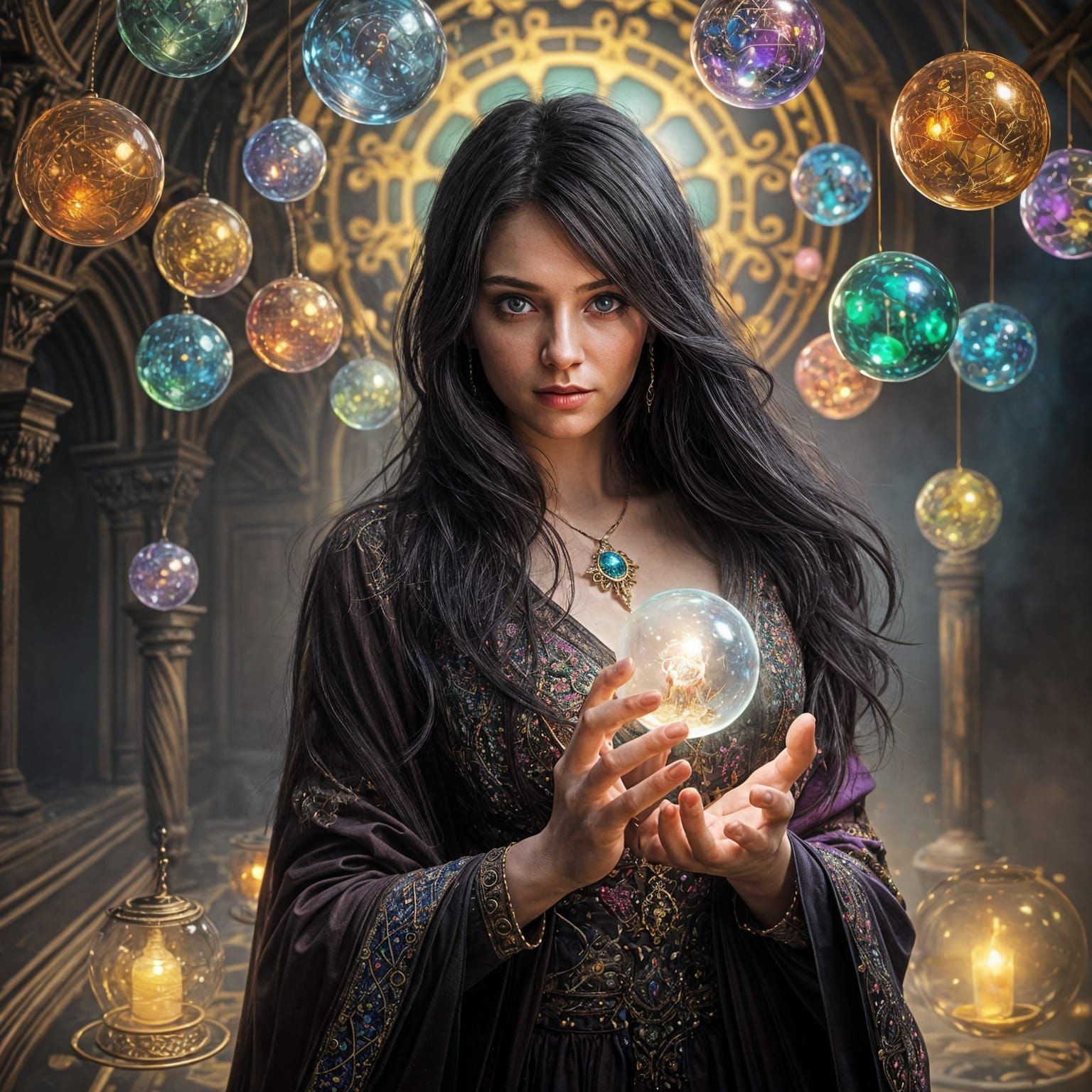 Mystical Sorceress Amidst Vibrant Glass Orbs