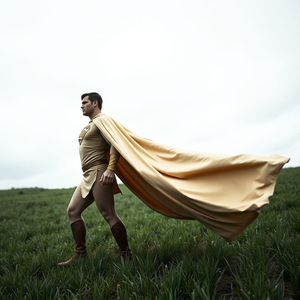 Hercules Superman in Beige Costume with Long Cape on Grassy ...