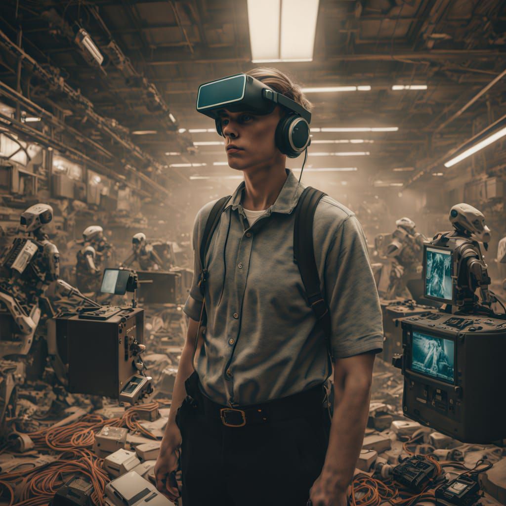 Dystopian Tech Exploitation Mural in Toxic Sepia