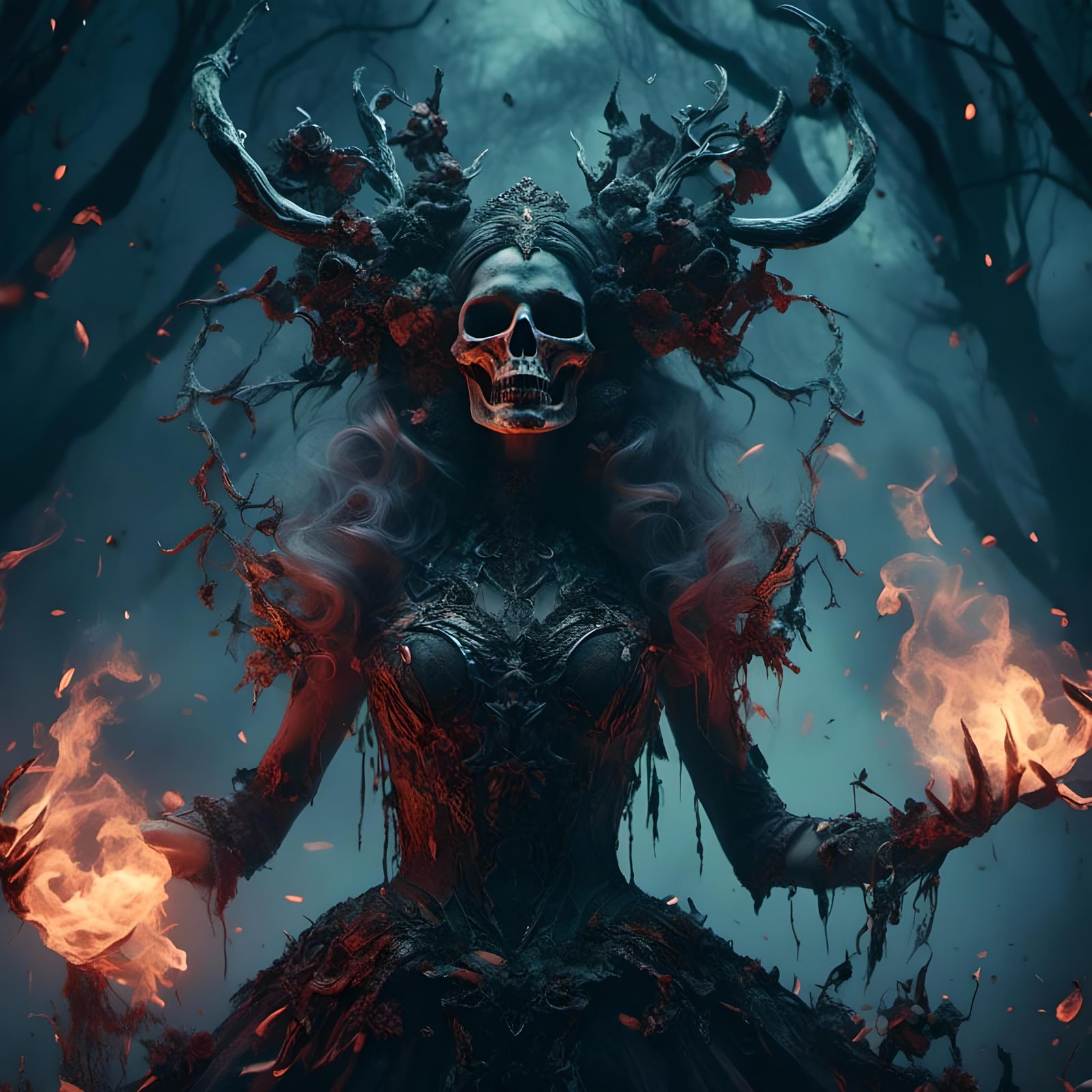 Skull Demon Portrait in Dark Forest, Fantasy Art
