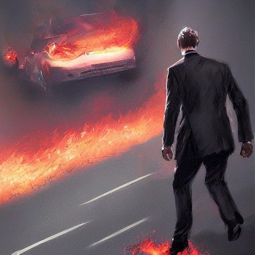 Sinister Man Walks Toward Burning Car