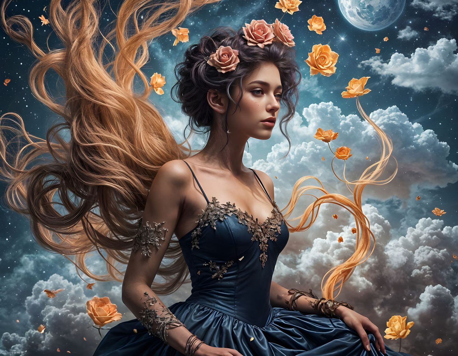 Dreamlike Rose-Haired Woman with Starry Sky