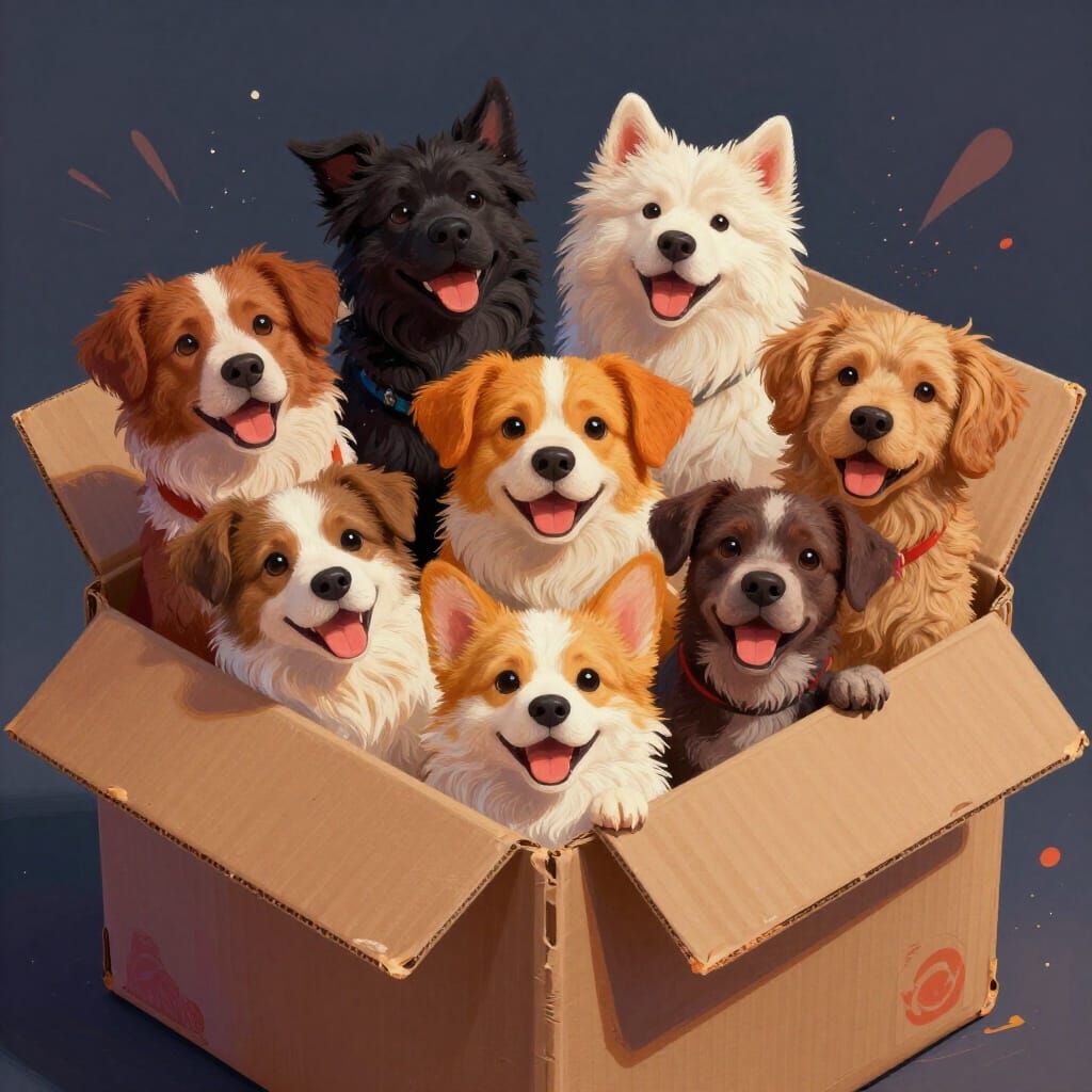 Happy Fluffy Dogs Inside Cardboard Box Fantasy Art
