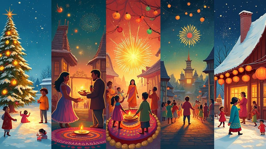 Diverse Holiday Celebrations in Vibrant Five-Panel Illustrat...