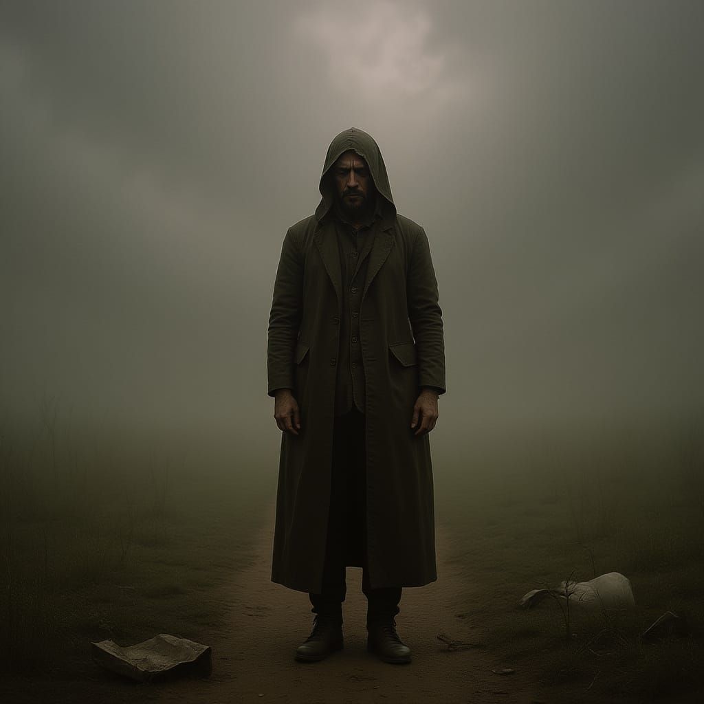 Desolate Figure in Misty Landscape with Somber Palette