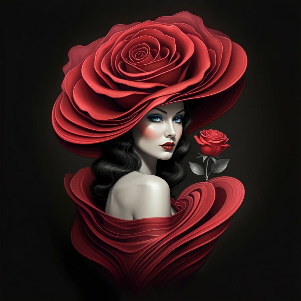 Surreal Digital Art of a Woman in a Crimson Rose-Hat