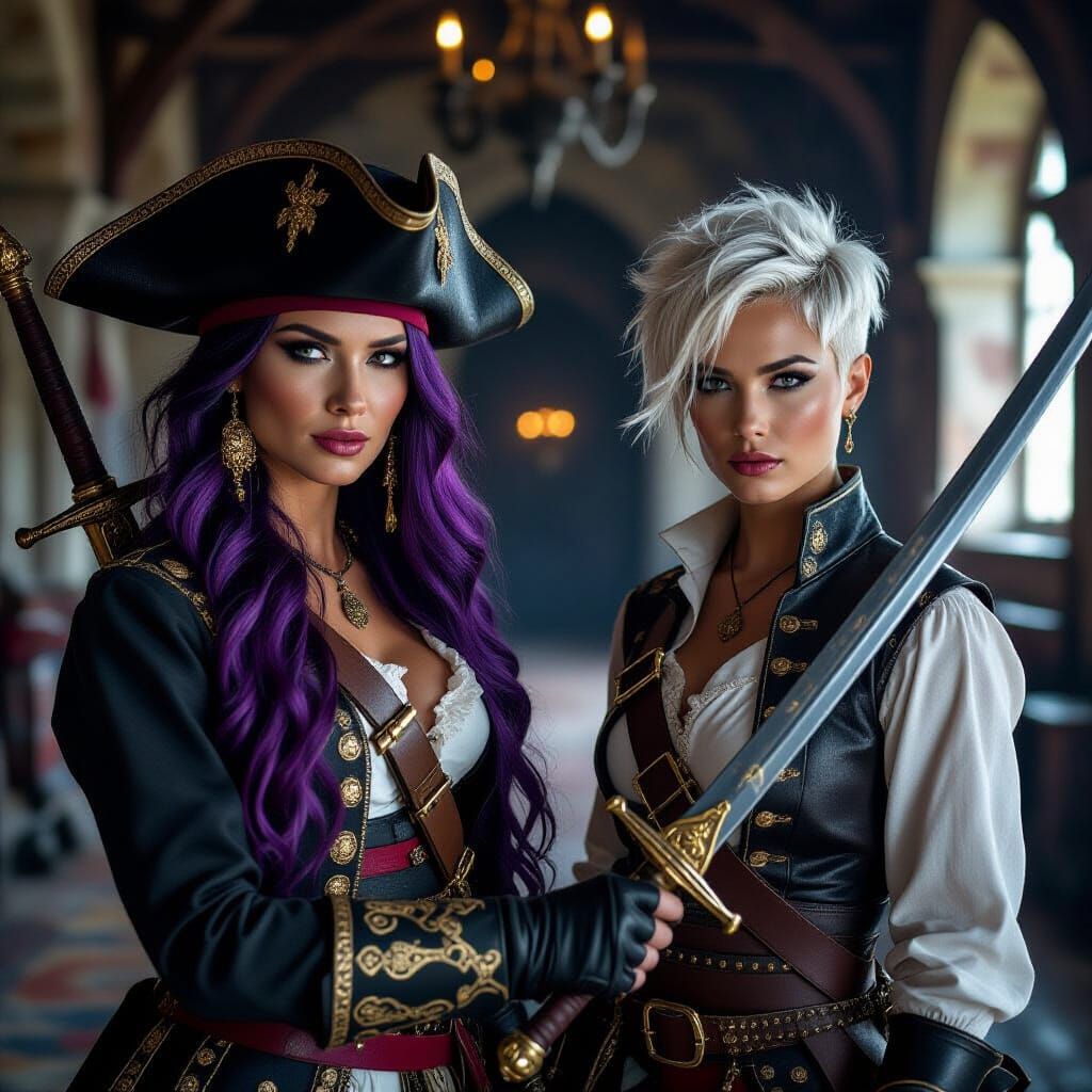 Fierce Pirate Women in Dramatic Castle Hall