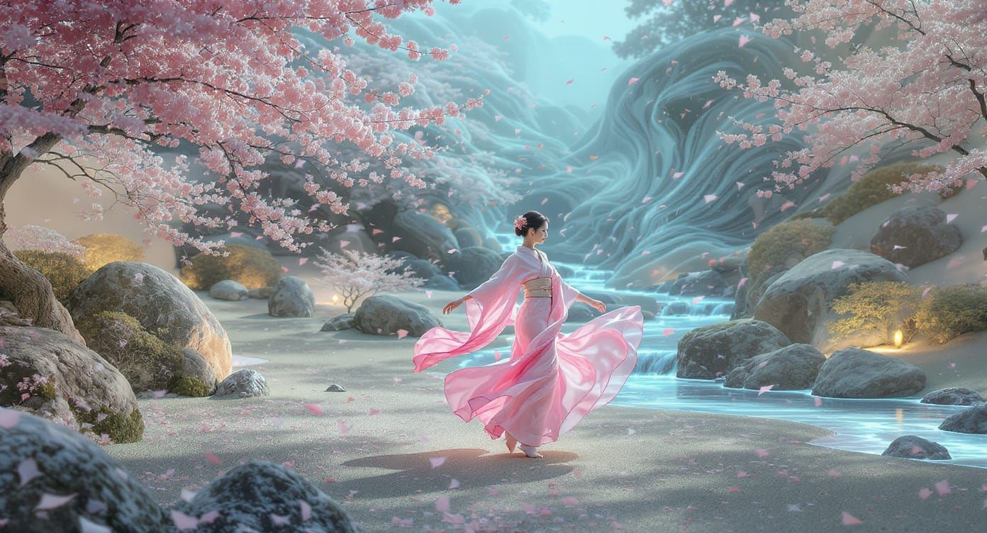 Woman Dancing in Japanese Zen Garden with Cherry Blossoms