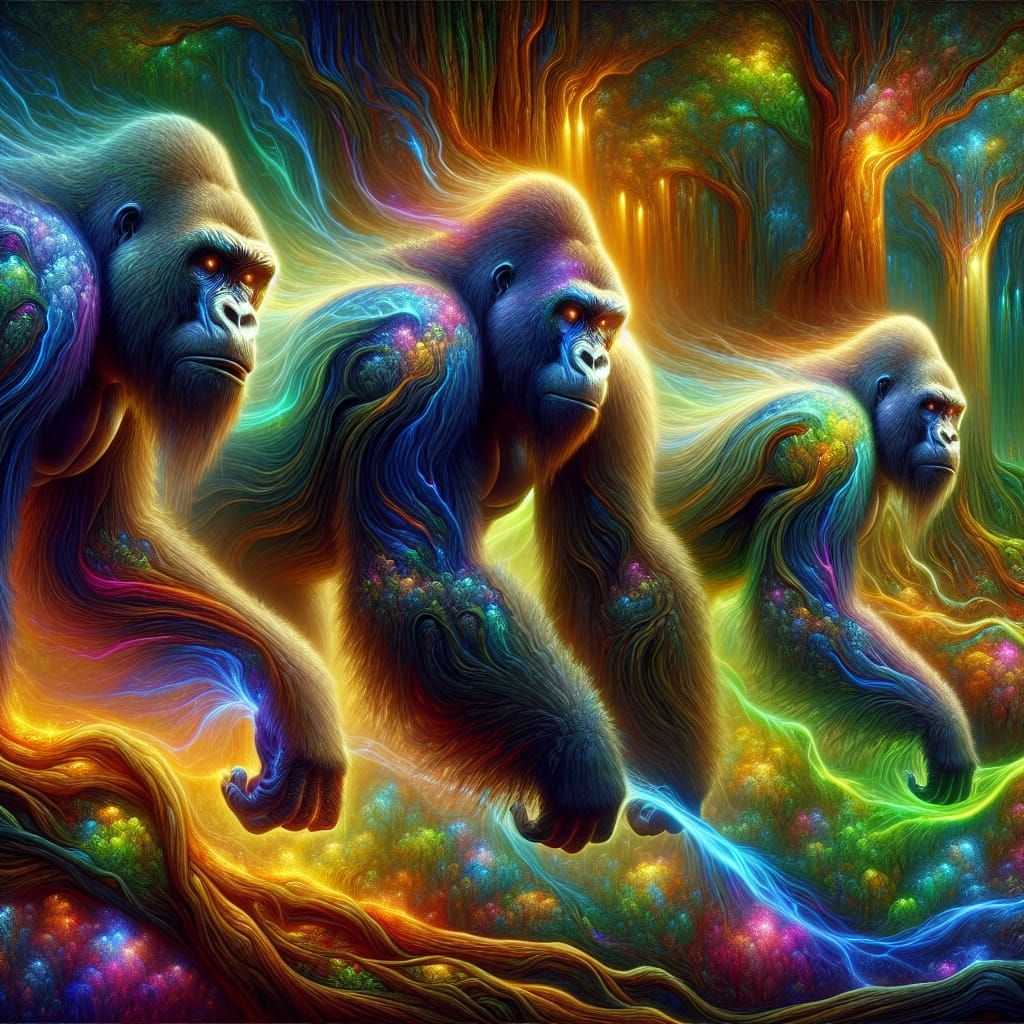 Gorillas in Mystical Forest with Iridescent Black Light