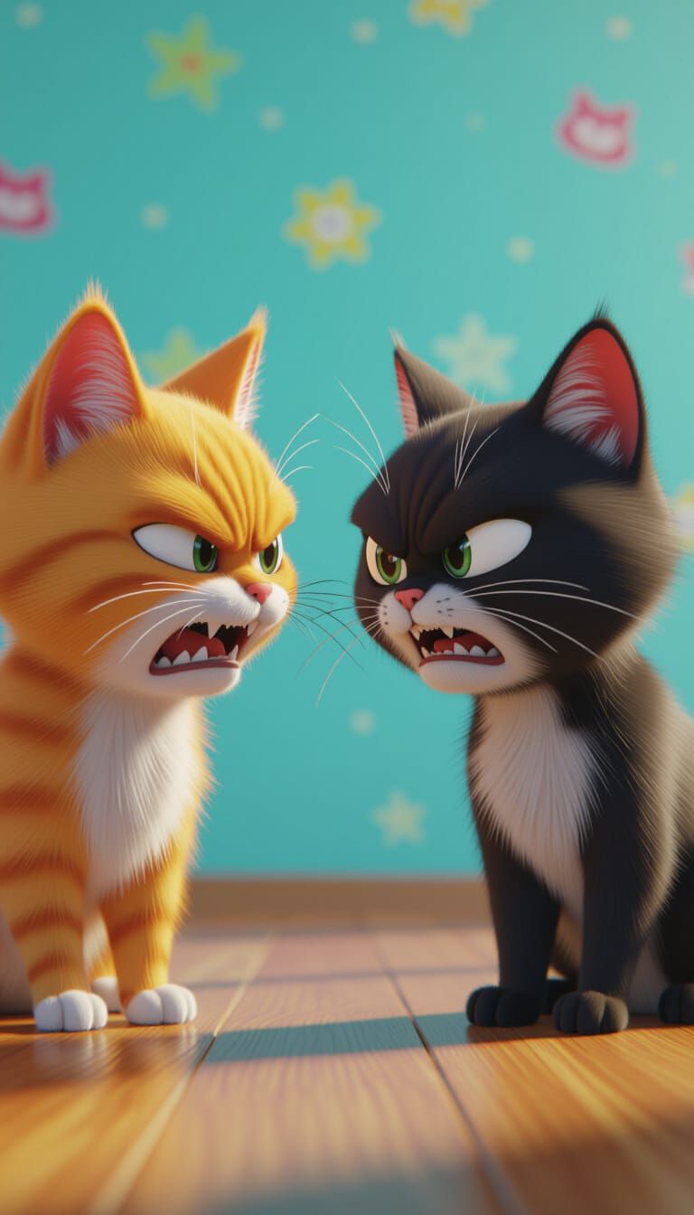 Cute Angry Cat and Dog Face Off in Vibrant Setting
