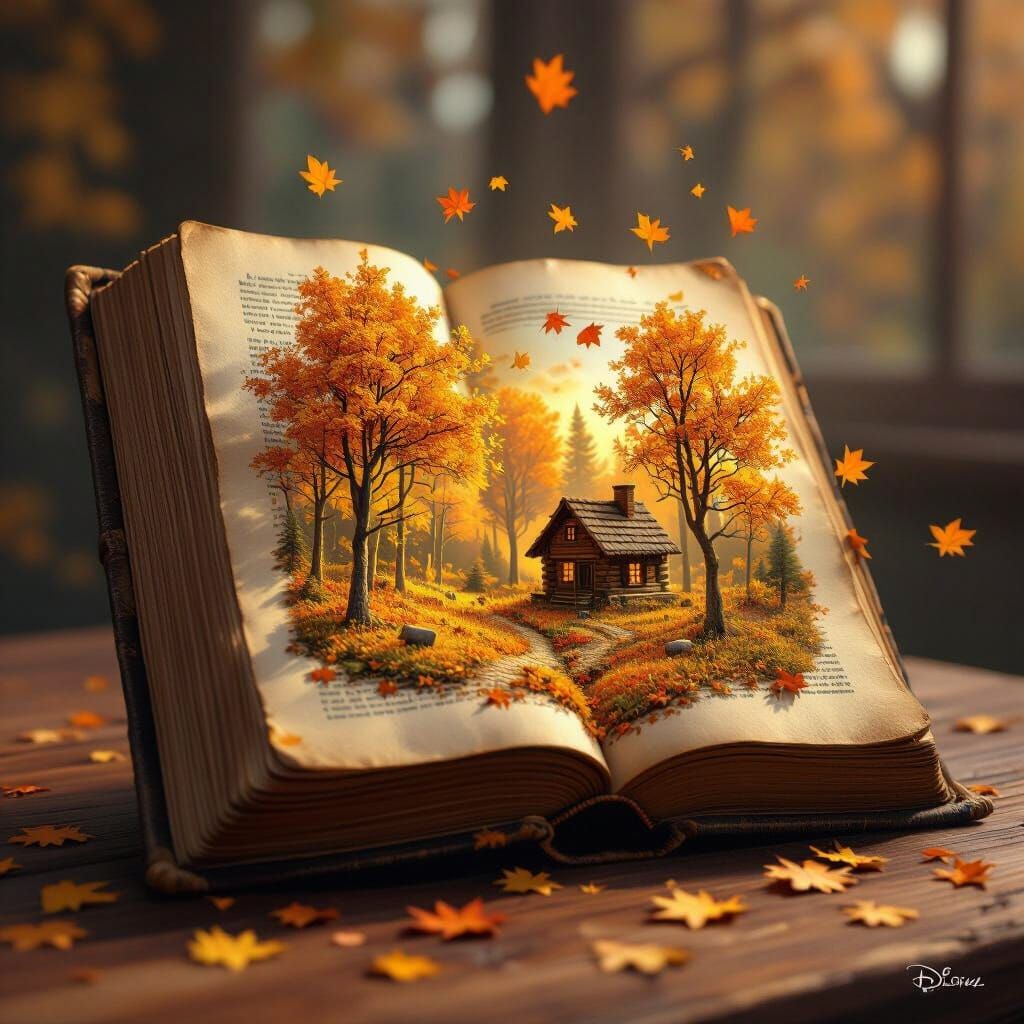 Autumn Forest Revealed Inside Open Book, Matte Painting