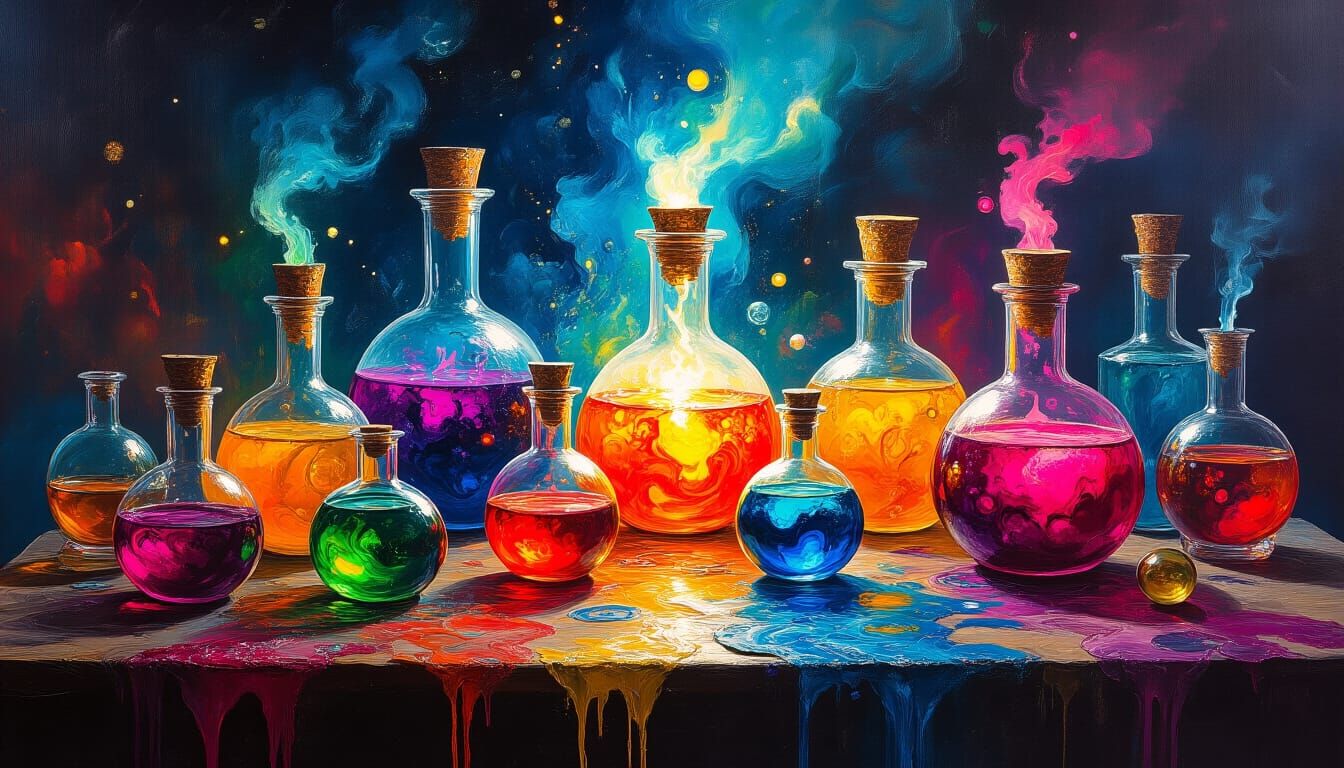 Psychedelic Potions on Wizard's Table in Surreal Style
