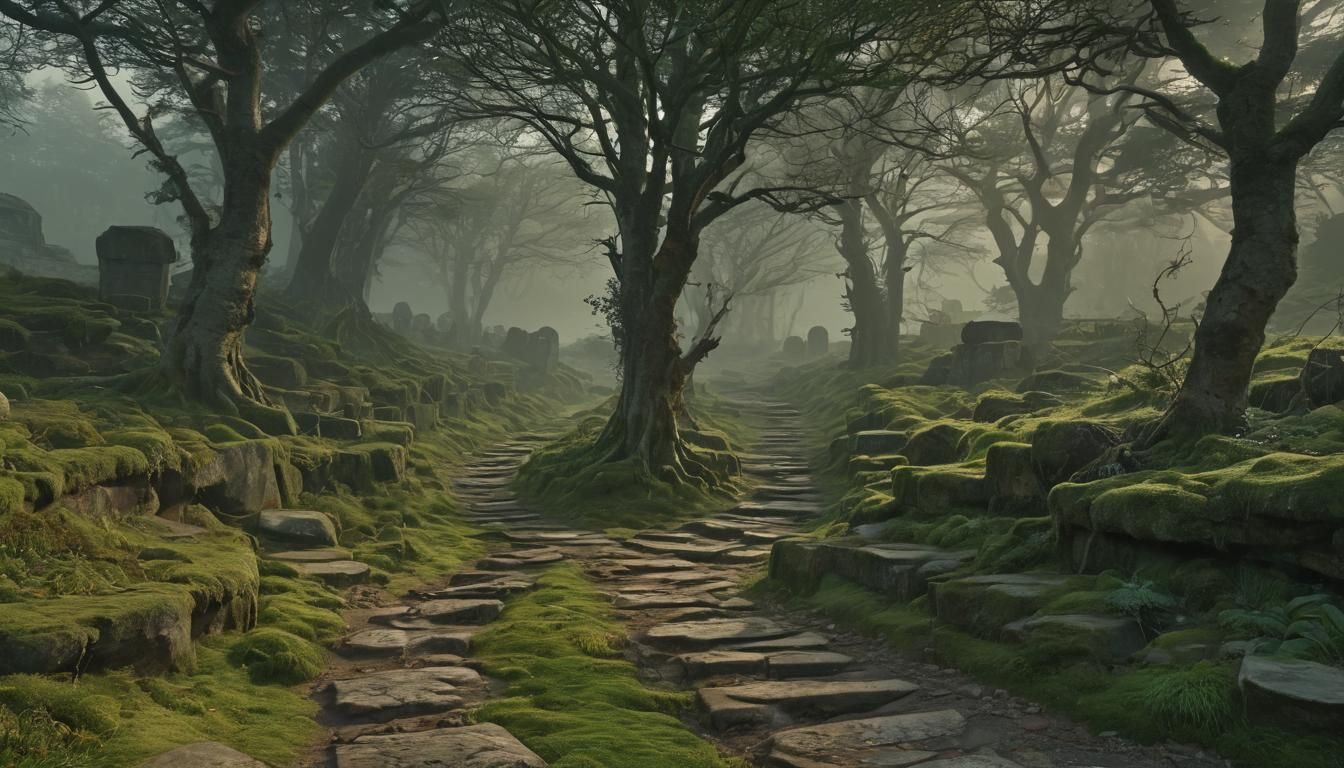 Eerie Path Through Ancient Tombs at Dawn