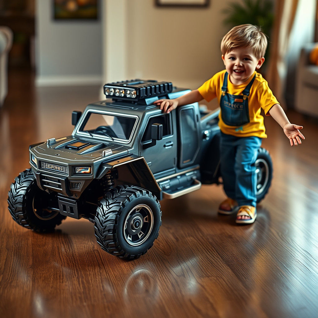 Toy Cybertruck with Kid: Photorealistic Digital Art