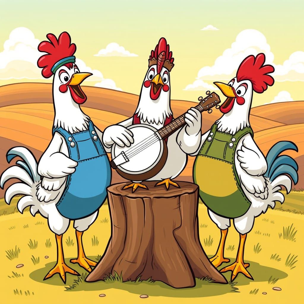 Colorful Cartoon Chickens Harmonize in Sunny Farm Landscape