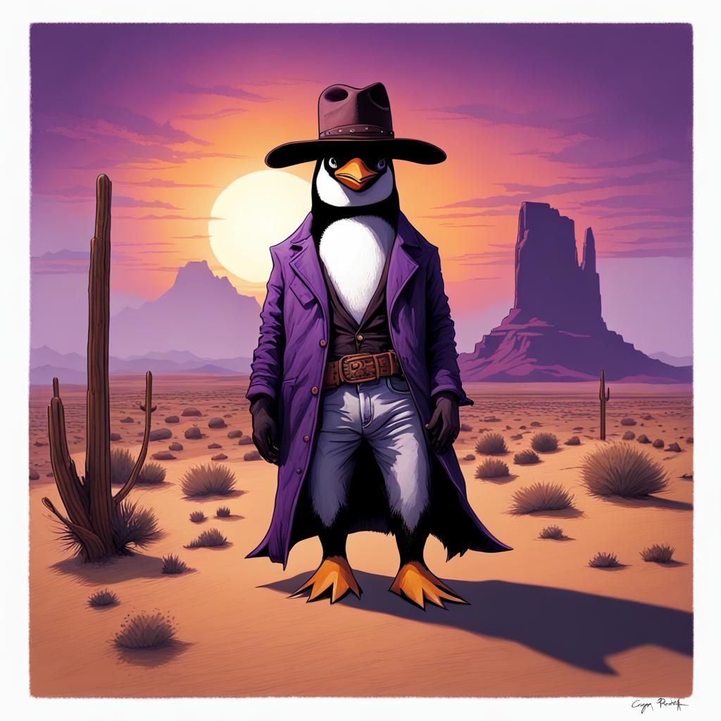 Cowboy Penguin at Purple Desert Sunrise